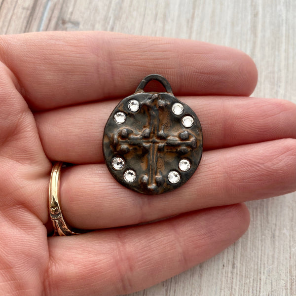 Load image into Gallery viewer, Crystal Cross Cross Charm, Antiqued Rustic Brown Pendant, Rhinestone Jewelry Making, Old World Artisan Findings, BR-6211
