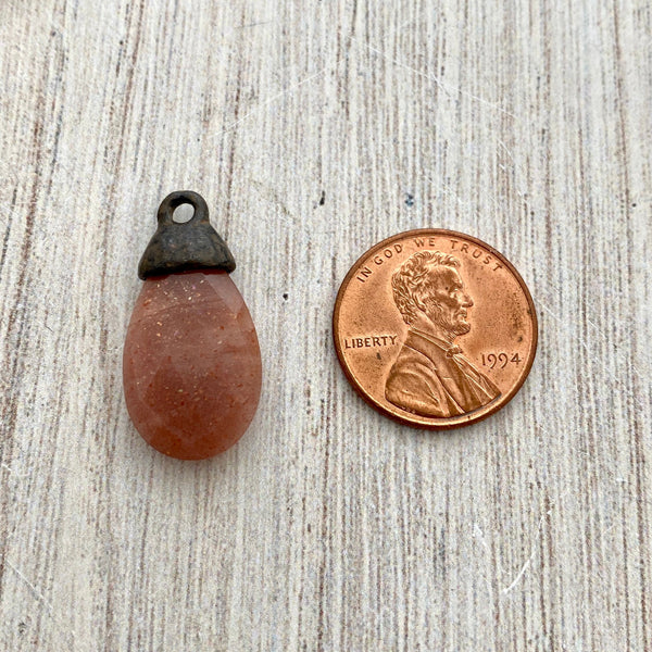 Load image into Gallery viewer, Chocolate Moonstone Faceted Pear Briolette Drop Pendant with Rustic Brown Pewter Bead Cap, Jewelry Making Artisan Findings, BR-S024
