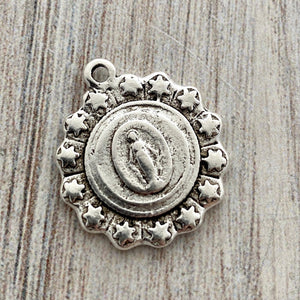 Mary Medal with Stars, Antiqued Silver Charm, Religious Rosary Parts, Catholic Pendant, Christian Jewelry, SL-6152