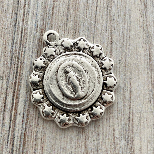 Load image into Gallery viewer, Mary Medal with Stars, Antiqued Silver Charm, Religious Rosary Parts, Catholic Pendant, Christian Jewelry, SL-6152
