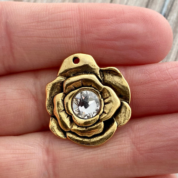 Load image into Gallery viewer, Swarovski Crystal Hammered Rose Flower Charm, Antiqued Gold Pewter Artisan Pendant for Jewelry, GL-6204
