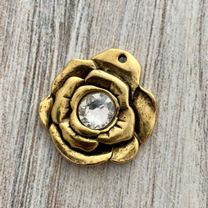 Swarovski Crystal Hammered Rose Flower Charm, Antiqued Gold Pewter Artisan Pendant for Jewelry, GL-6204