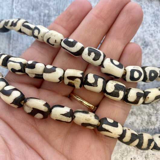 Full Strand Batik African Bone Beads, Black and White, 9x12mm, BD-0011