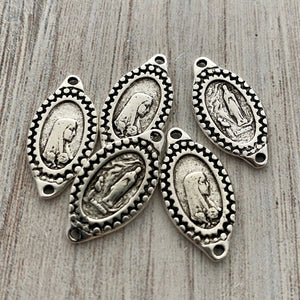 Oval Mary Medal Connector, Our Lady of Lourdes, Catholic Necklace, Vintage Rosary Parts, Antiqued Silver Charm, SL-6173