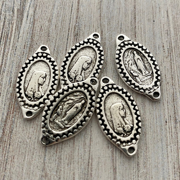 Load image into Gallery viewer, Oval Mary Medal Connector, Our Lady of Lourdes, Catholic Necklace, Vintage Rosary Parts, Antiqued Silver Charm, SL-6173
