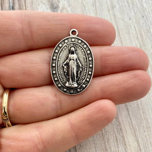Mary Medal, Silver Star Charm, Religious Catholic Jewelry Pendant, PW-6149