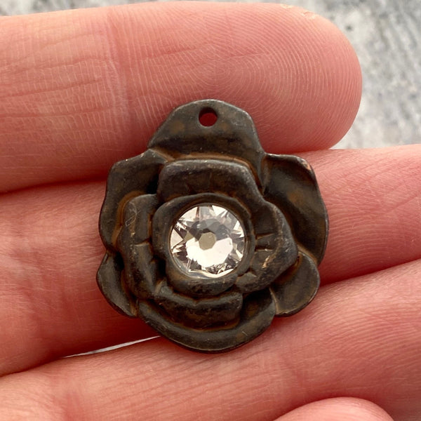 Load image into Gallery viewer, Swarovski Crystal Hammered Rose Flower Charm, Antiqued Rustic Brown Artisan Pendant for Jewelry, BR-6204
