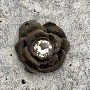 Swarovski Crystal Hammered Rose Flower Charm, Antiqued Rustic Brown Artisan Pendant for Jewelry, BR-6204