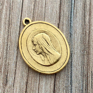 Oval Mary Medal, Virgin Mary, Our Lady of Lourdes, Catholic Necklace, Religious Gold French Charm, GL-6207