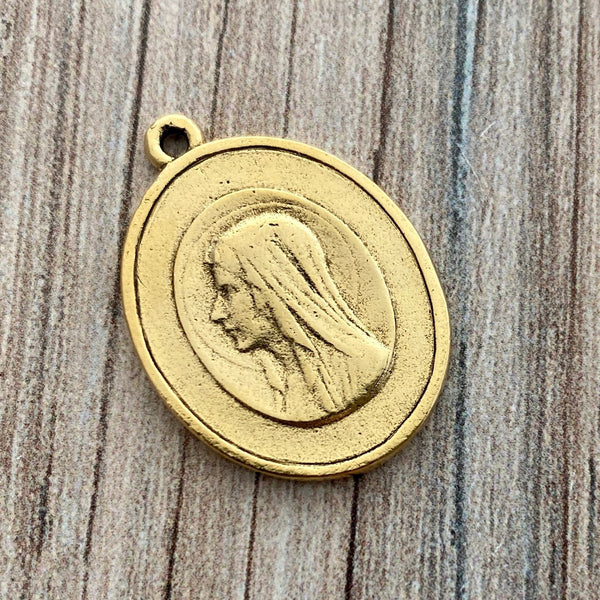 Load image into Gallery viewer, Oval Mary Medal, Virgin Mary, Our Lady of Lourdes, Catholic Necklace, Religious Gold French Charm, GL-6207
