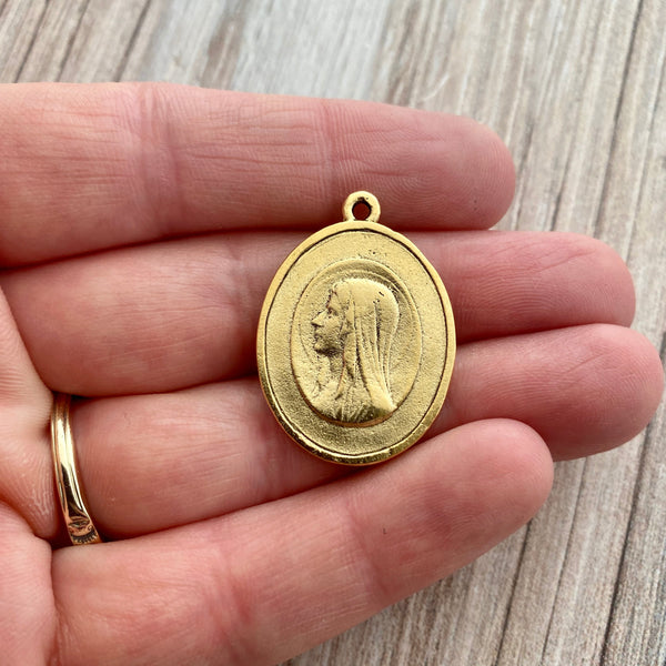 Load image into Gallery viewer, Oval Mary Medal, Virgin Mary, Our Lady of Lourdes, Catholic Necklace, Religious Gold French Charm, GL-6207
