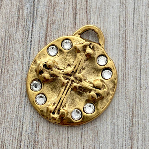Crystal Antiqued Gold Cross Charm, Rhinestone Jewelry Making, Old World Artisan Findings, GL-6211