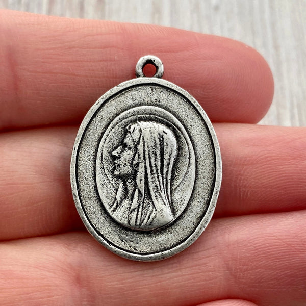 Load image into Gallery viewer, Oval Mary Medal, Virgin Mary, Our Lady of Lourdes, Catholic Necklace, Religious Antiqued Silver French Charm, PW-6207
