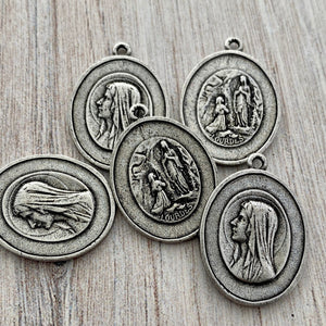 Oval Mary Medal, Virgin Mary, Our Lady of Lourdes, Catholic Necklace, Religious Antiqued Silver French Charm, PW-6207