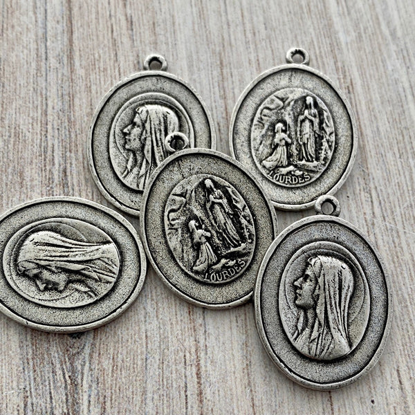 Load image into Gallery viewer, Oval Mary Medal, Virgin Mary, Our Lady of Lourdes, Catholic Necklace, Religious Antiqued Silver French Charm, PW-6207
