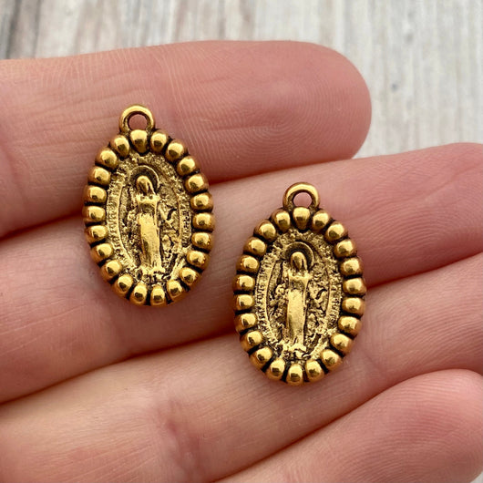 2 Small Miraculous Mary Medals, Dotted Oval Catholic Religious Blessed Mother, Antiqued Gold Charm, GL-6212