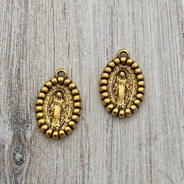 Load image into Gallery viewer, 2 Small Miraculous Mary Medals, Dotted Oval Catholic Religious Blessed Mother, Antiqued Gold Charm, GL-6212
