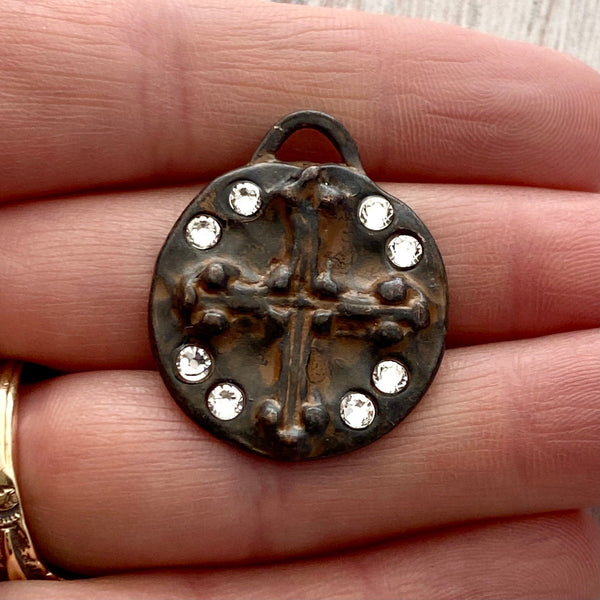 Load image into Gallery viewer, Crystal Cross Cross Charm, Antiqued Rustic Brown Pendant, Rhinestone Jewelry Making, Old World Artisan Findings, BR-6211
