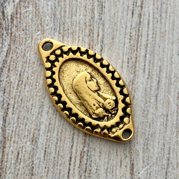Load image into Gallery viewer, Oval Mary Medal Connector, Our Lady of Lourdes, Catholic Necklace, Vintage Rosary Parts, Antiqued Gold Charm, GL-6173
