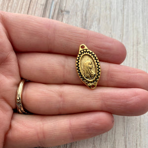 Oval Mary Medal Connector, Our Lady of Lourdes, Catholic Necklace, Vintage Rosary Parts, Antiqued Gold Charm, GL-6173