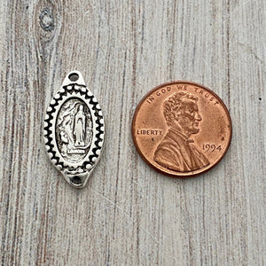 Oval Mary Medal Connector, Our Lady of Lourdes, Catholic Necklace, Vintage Rosary Parts, Antiqued Silver Charm, SL-6173