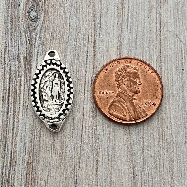 Load image into Gallery viewer, Oval Mary Medal Connector, Our Lady of Lourdes, Catholic Necklace, Vintage Rosary Parts, Antiqued Silver Charm, SL-6173
