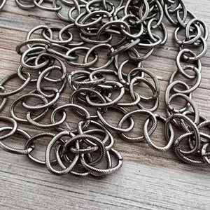 Silver Textured Etched Chain, Large Oval Cable Links, Bulk Chain By Foot, Oxidized Necklace Bracelet, PW-2017