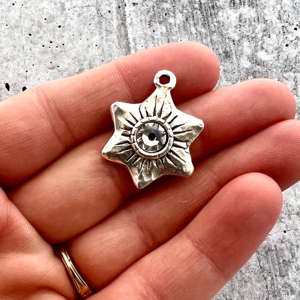 Load image into Gallery viewer, Swarovski Crystal Hammered Flower Star Charm, Antiqued Silver Artisan Pendant for Jewelry, SL-6164
