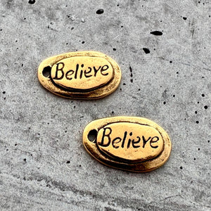 2 Believe Charm, Antiqued Gold Jewelry Making Small Tag with Handwriting Text, GL-6214