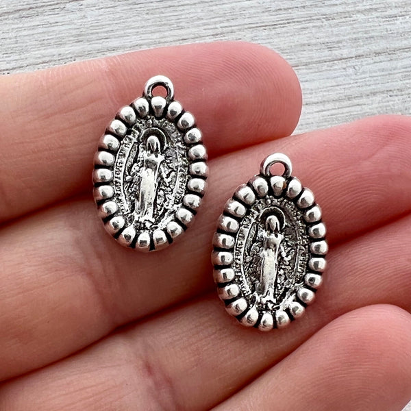 Load image into Gallery viewer, 2 Small Miraculous Mary Medals, Dotted Oval Catholic Religious Blessed Mother, Antiqued Silver Charm, SL-6212
