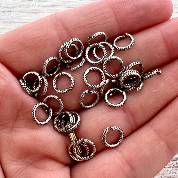 Load image into Gallery viewer, 7mm Textured Silver Jump Rings, Brass Round Connector Links, 20 rings, PW-3011
