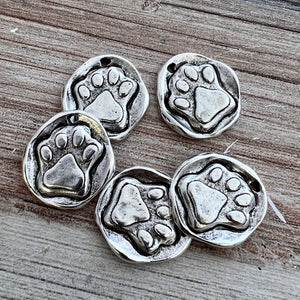 Dog Paw Charm, Cat Paw, Antiqued Silver Wax Seal Pendant, Pet Jewelry, SL-6215