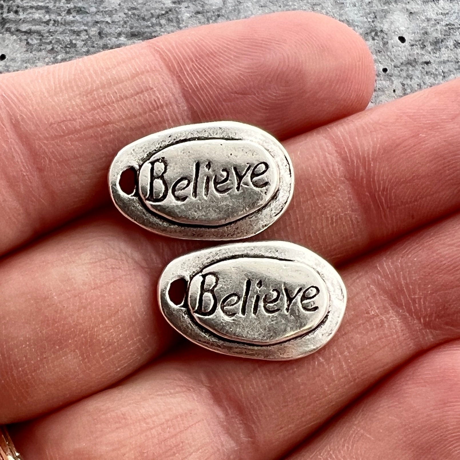 2 Believe Charm, Silver Jewelry Making Small Tag with Handwriting Text ...