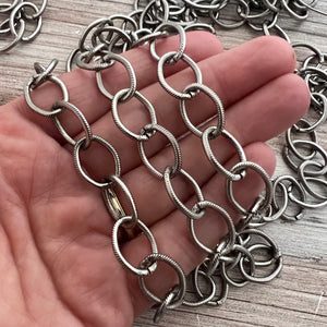Silver Textured Etched Chain, Large Oval Cable Links, Bulk Chain By Foot, Oxidized Necklace Bracelet, PW-2017