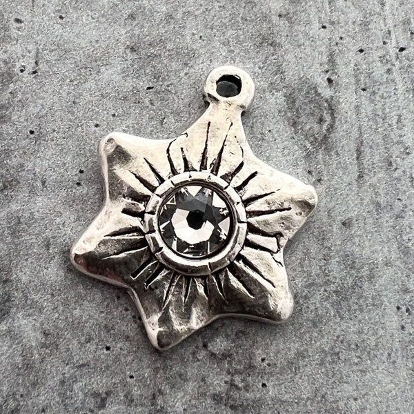 Load image into Gallery viewer, Swarovski Crystal Hammered Flower Star Charm, Antiqued Silver Artisan Pendant for Jewelry, SL-6164
