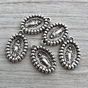 2 Small Miraculous Mary Medals, Dotted Oval Catholic Religious Blessed Mother, Antiqued Silver Charm, SL-6212