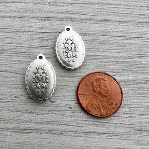 2 Small Miraculous Mary Medals, Dotted Oval Catholic Religious Blessed Mother, Antiqued Silver Charm, SL-6212