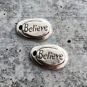 2 Believe Charm, Silver Jewelry Making Small Tag with Handwriting Text, SL-6214