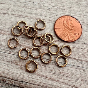 7mm Textured Antiqued Gold Jump Rings, Brass Round Connector Links, 20 rings, GL-3011