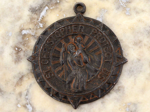 Load image into Gallery viewer, Catholic Medal, St. Christopher, Catholic, Rustic Brown, Medal, Religious Charm, Rosary, Compass, Saint, Protect Us, Key Chain, BR-6118

