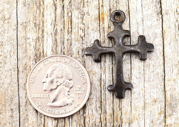Load image into Gallery viewer, Cross Charm, 2, Antiqued Cross, Pendant, Rosary, Rustic Brown Cross, Patina Cross, Spanish Cross, Crucifix, BR-6006
