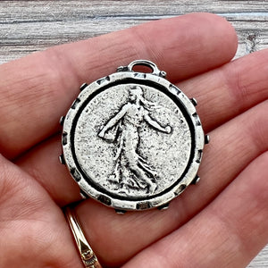 Large Old French Medal Large Old French Marianne the Sower, Dotted Coin Replica, Antiqued Silver Charm Pendant, Woman Lady Coin, Jewelry Supplies, PW-6240