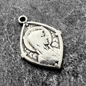 Mary Medal, Our Lady of Lourdes, Diamond Shaped Catholic Necklace, Religious Charm, Silver French Charm, Christian Jewelry SL-6238