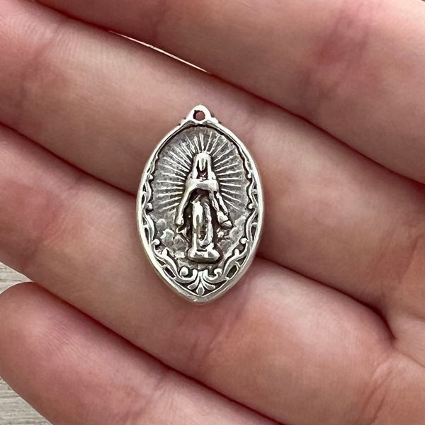 Load image into Gallery viewer, Mary Medal with Rays, Virgin Mary, Antiqued Silver Religious Jewelry Making Charm Pendant, Blessed Mother, Catholic Jewelry, SL-6255
