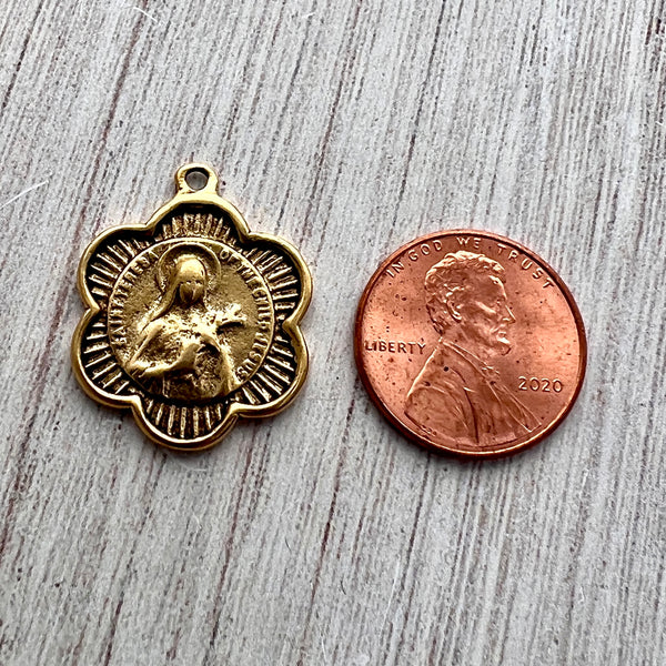 Load image into Gallery viewer, St. Teresa Catholic Vintage Medal, Religious Charm, St. Therese de Lisieux, Antiqued Gold, St. Theresa Jewelry, GL-6244
