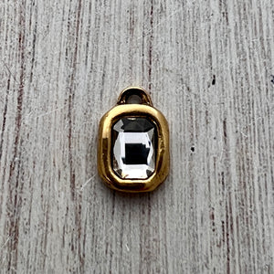 Crystal Clear Emerald Shape Charm, Small Rectangle Antiqued Gold Pendant, Rhinestone Minimal Jewelry Making Artisan Findings, GL-S032
