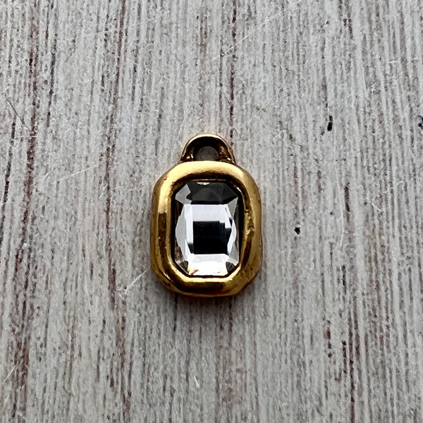 Load image into Gallery viewer, Crystal Clear Emerald Shape Charm, Small Rectangle Antiqued Gold Pendant, Rhinestone Minimal Jewelry Making Artisan Findings, GL-S032
