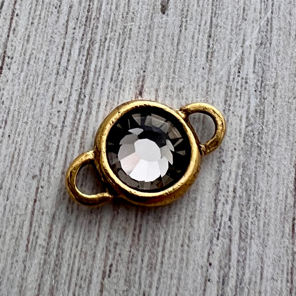 Load image into Gallery viewer, Large Crystal Black Diamond Rhinestone Connector Charm, Antiqued Gold Pendant, Jewelry Making Artisan Findings, GL-S034
