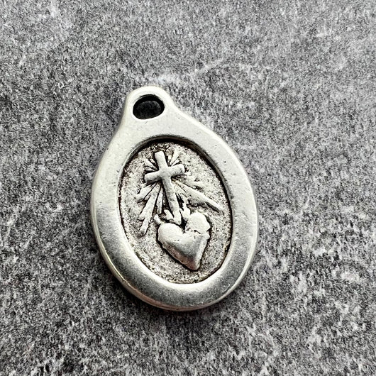 Silver Sacred Heart Pendant, Catholic Medal Pendant, Christian Jewelry Making, SL-6235