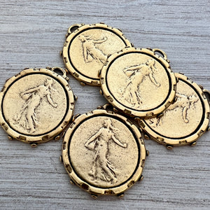 Large Old French Medal Large Old French Marianne the Sower, Dotted Coin Replica, Antiqued Gold Charm Pendant, Woman Lady Coin, Jewelry Supplies, GL-6240